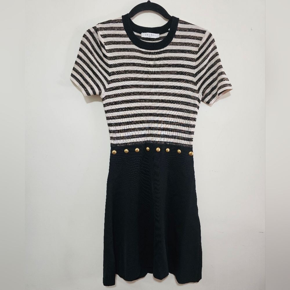Sandro Redlake Stripe Dress Size S Gold Embellish Coastal Nautical Chic Parisian - Picture 2 of 10